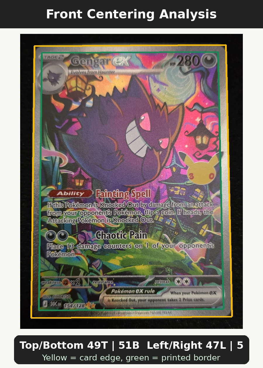 Gengar ex 154/128 30th Celebration front centering analysis showing Top/Bottom 49T | 51B and Left/Right 47L | 53R.