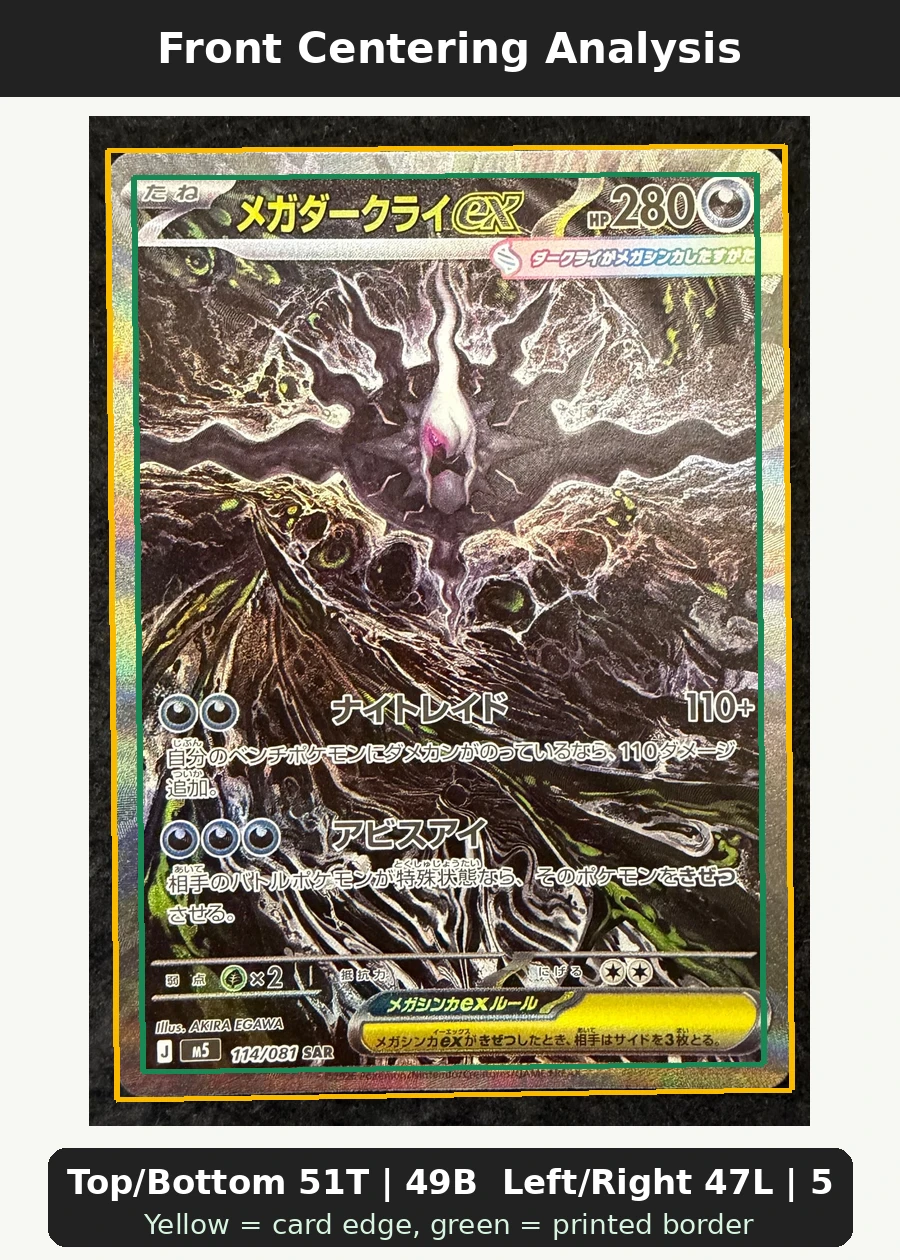 Mega Darkrai ex 114/81 Abyss Eye front centering analysis showing Top/Bottom 51T | 49B and Left/Right 47L | 53R.