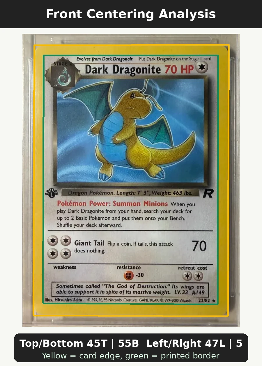 Dark Dragonite 022/82 Team Rocket front centering analysis showing Top/Bottom 45T | 55B and Left/Right 47L | 53R.