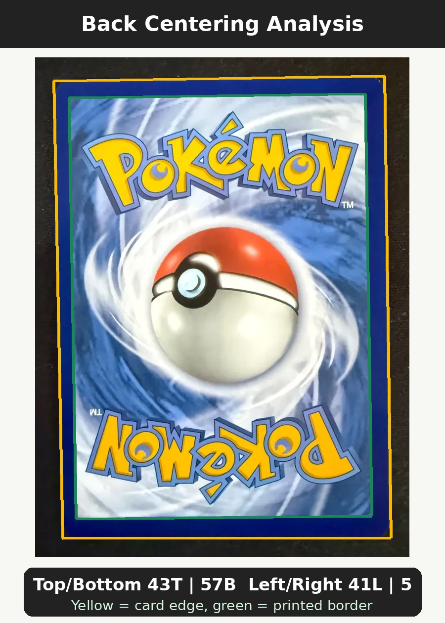 Pikachu TG05/196 Lost Origin back centering analysis showing Top/Bottom 43T | 57B and Left/Right 41L | 59R.
