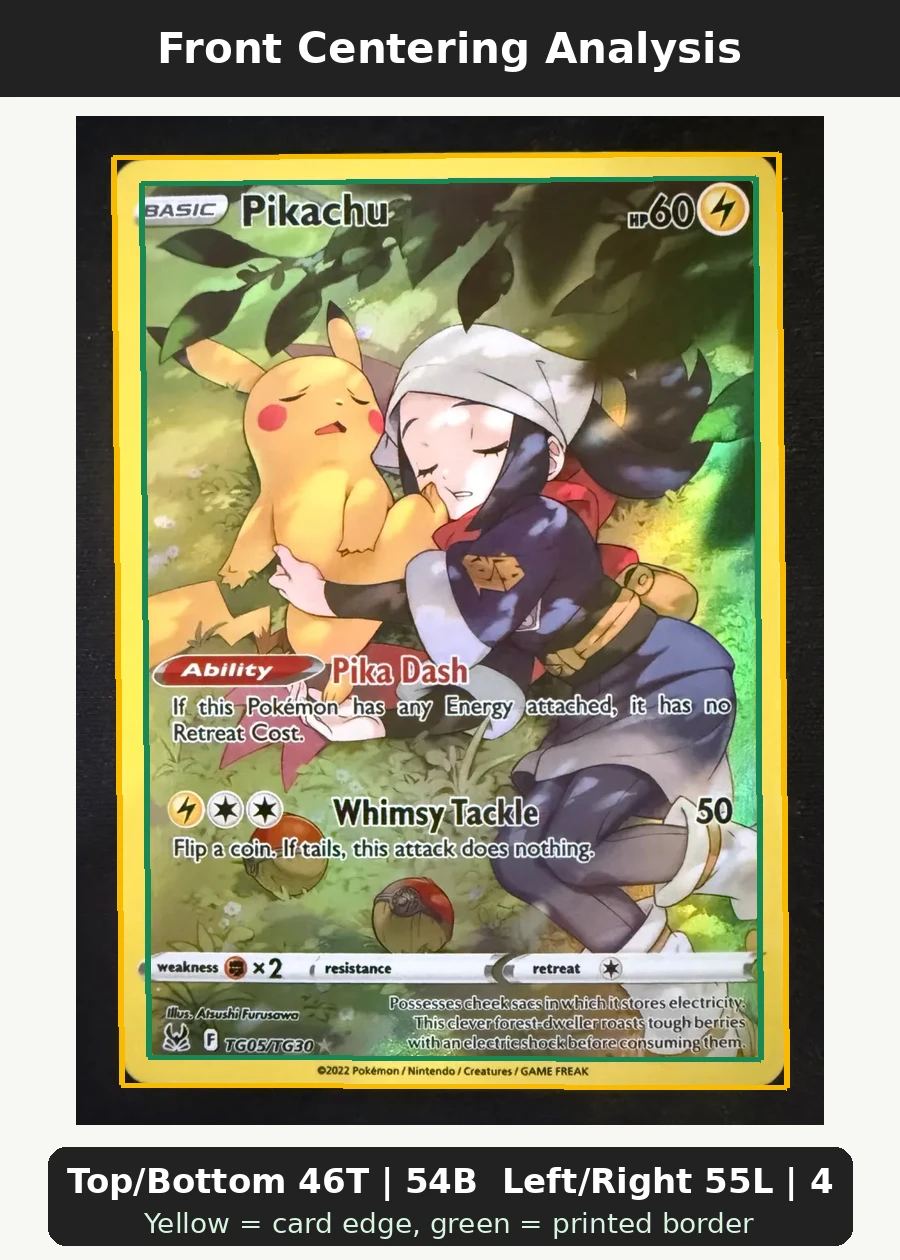Pikachu TG05/196 Lost Origin front centering analysis showing Top/Bottom 46T | 54B and Left/Right 55L | 45R.