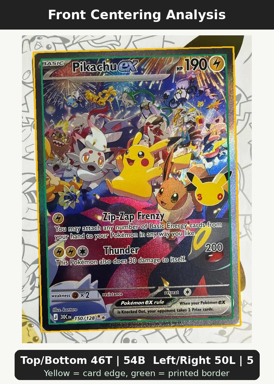 Pikachu ex 150/128 30th Celebration front centering analysis showing Top/Bottom 46T | 54B and Left/Right 50L | 50R.