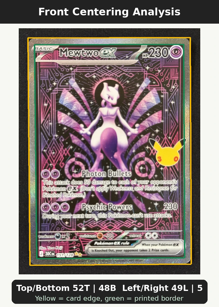 Mewtwo ex 151/128 30th Celebration front centering analysis showing Top/Bottom 52T | 48B and Left/Right 49L | 51R.