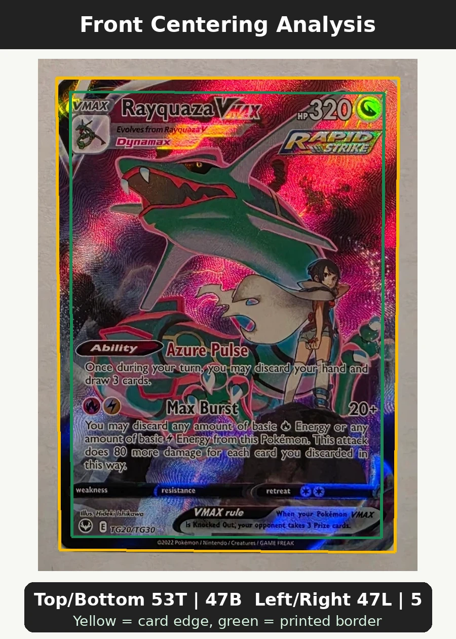 Rayquaza VMAX TG20/195 Silver Tempest front centering analysis showing Top/Bottom 53T | 47B and Left/Right 47L | 53R.