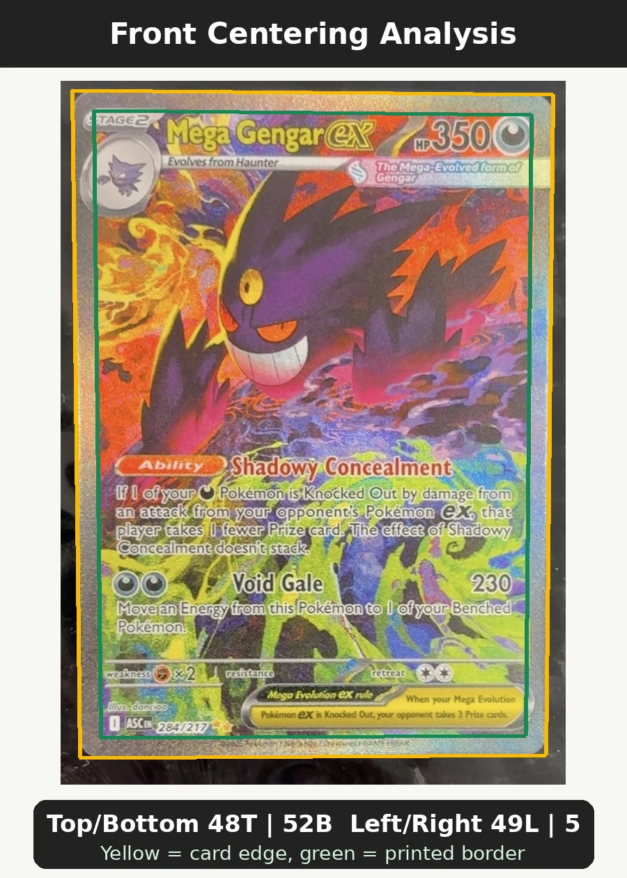 Mega Gengar ex 284/217 Ascended Heroes front centering analysis showing Top/Bottom 48T | 52B and Left/Right 49L | 51R.