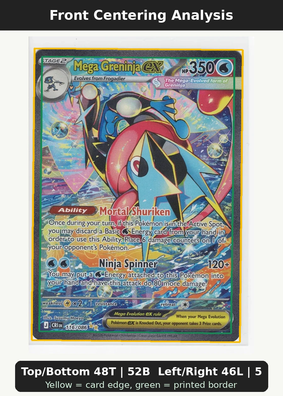 Mega Greninja ex 116/86 Chaos Rising front centering analysis showing Top/Bottom 48T | 52B and Left/Right 46L | 54R.