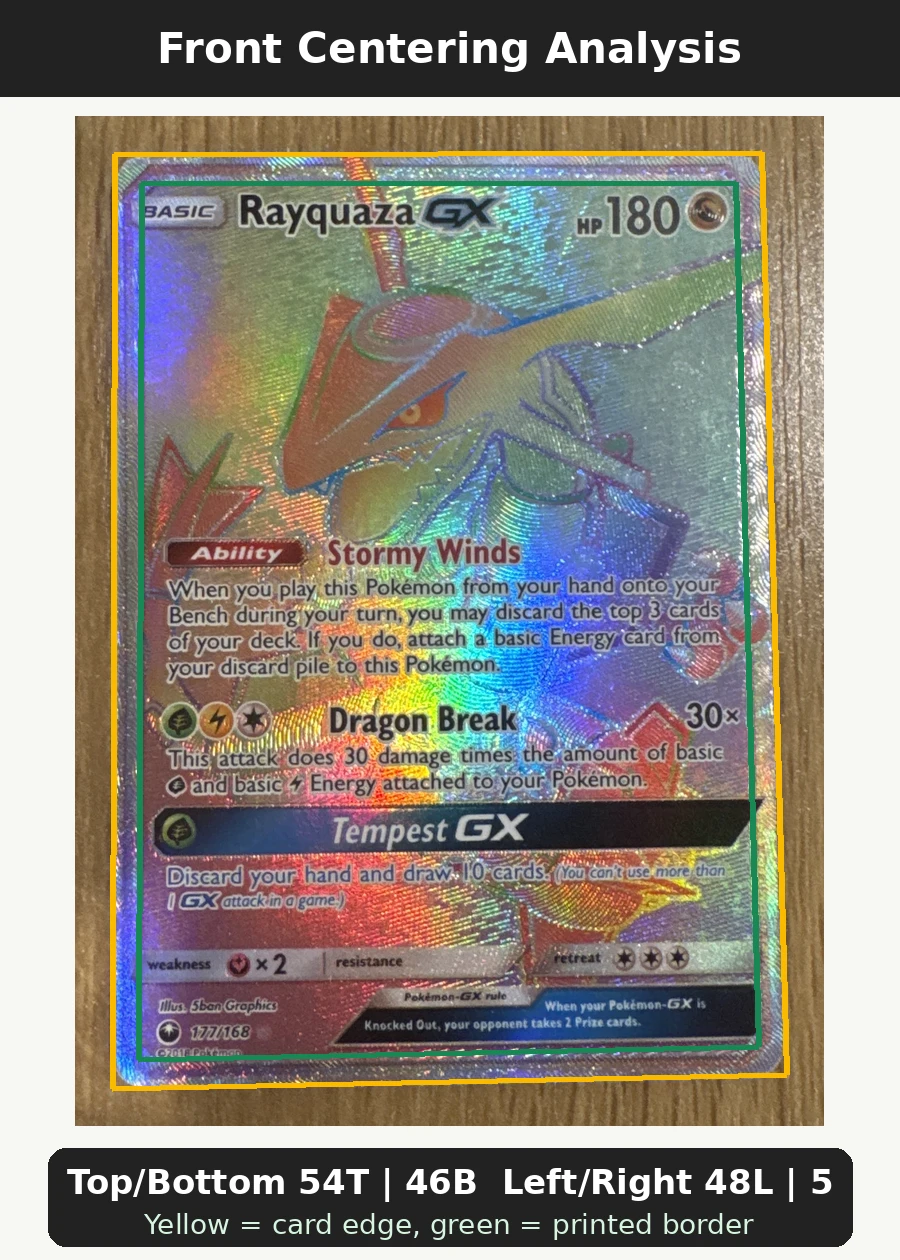 Rayquaza GX 177/168 Celestial Storm front centering analysis showing Top/Bottom 54T | 46B and Left/Right 48L | 52R.