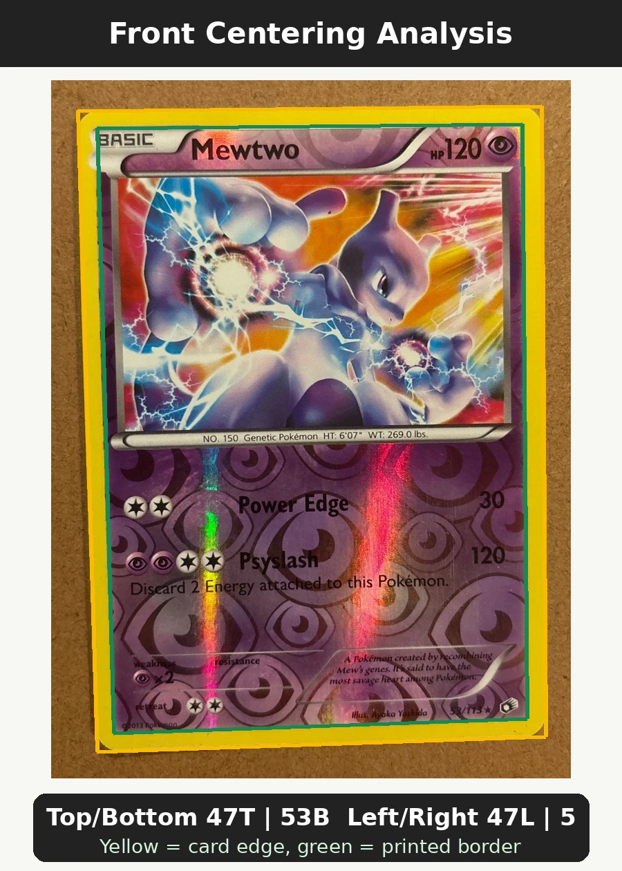 Mewtwo 053/113 Legendary Treasures front centering analysis showing Top/Bottom 47T | 53B and Left/Right 47L | 53R.