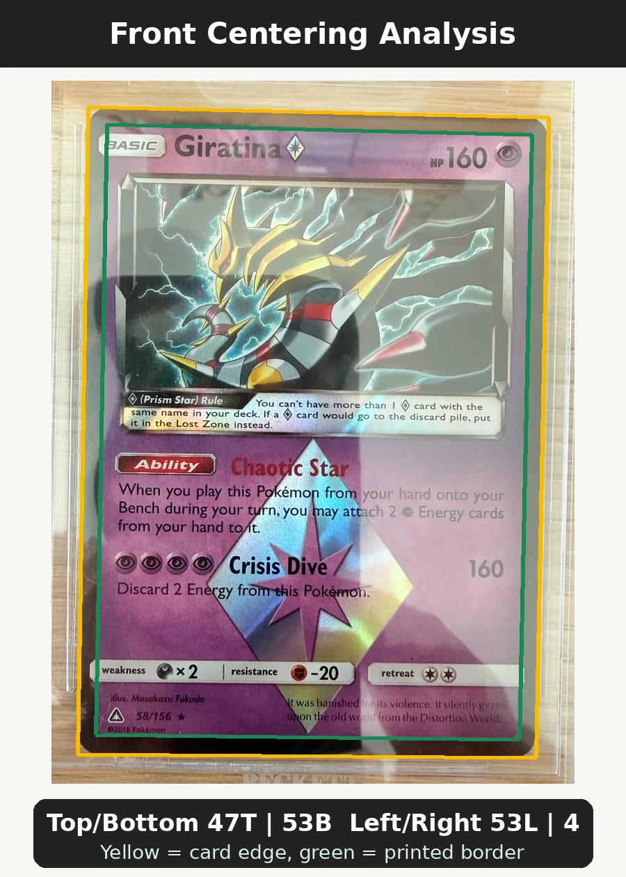 Giratina ◇ 058/156 Ultra Prism front centering analysis showing Top/Bottom 47T | 53B and Left/Right 53L | 47R.