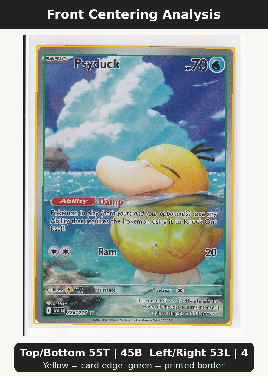 Psyduck 226/217 Ascended Heroes front centering analysis showing Top/Bottom 55T | 45B and Left/Right 53L | 47R.