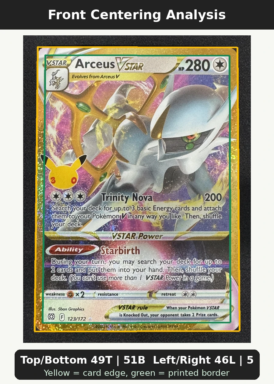 Arceus VSTAR 123 30th Classic Collection front centering analysis showing Top/Bottom 49T | 51B and Left/Right 46L | 54R.