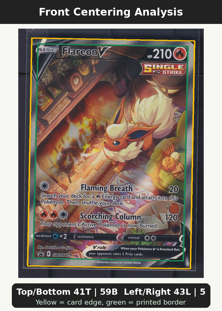 Flareon V SWSH179/307 SWSH Black Star Promos front centering analysis showing Top/Bottom 41T | 59B and Left/Right 43L | 57R.