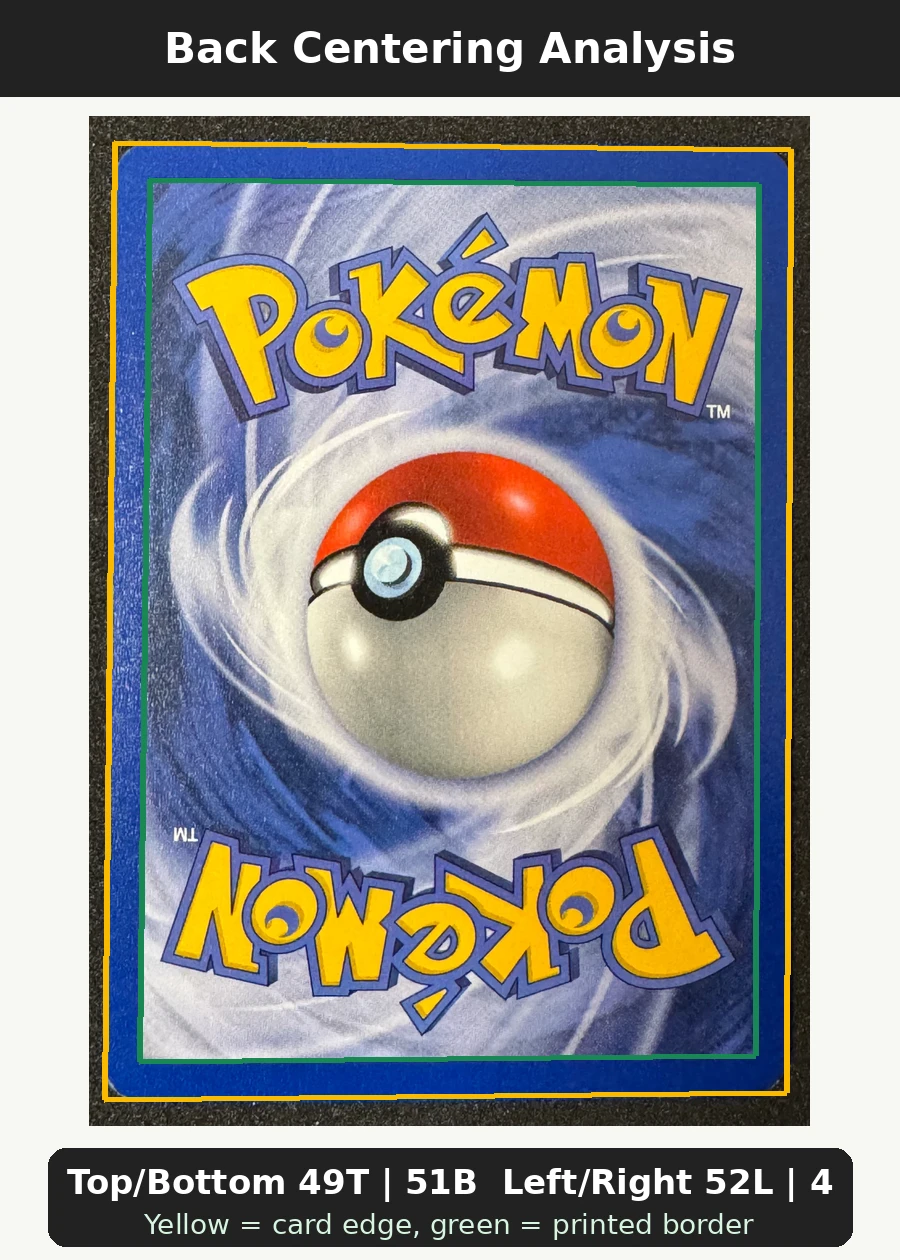 Sabrina's Gengar 014/132 Gym Heroes back centering analysis showing Top/Bottom 49T | 51B and Left/Right 52L | 48R.