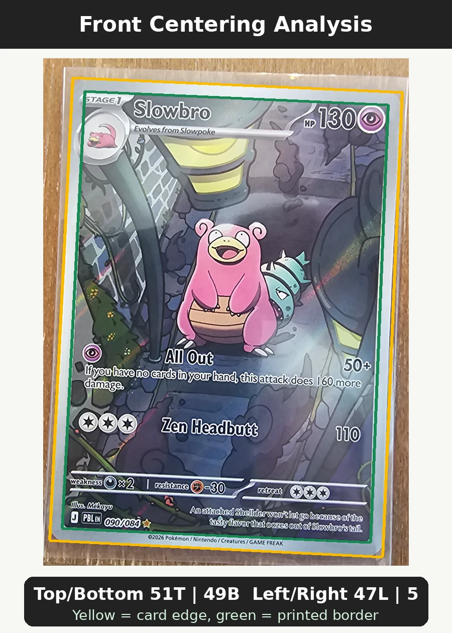 Slowbro 090/84 Pitch Black front centering analysis showing Top/Bottom 51T | 49B and Left/Right 47L | 53R.