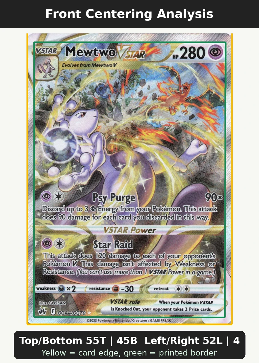 Mewtwo VSTAR 221/172 VSTAR Universe front centering analysis showing Top/Bottom 55T | 45B and Left/Right 52L | 48R.