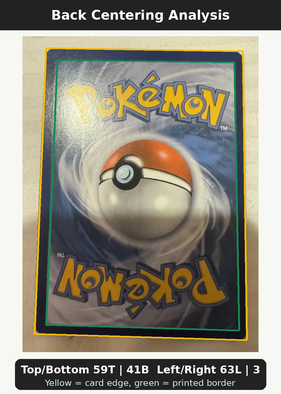 Celebi XY111/211 XY Black Star Promos back centering analysis showing Top/Bottom 59T | 41B and Left/Right 63L | 37R.