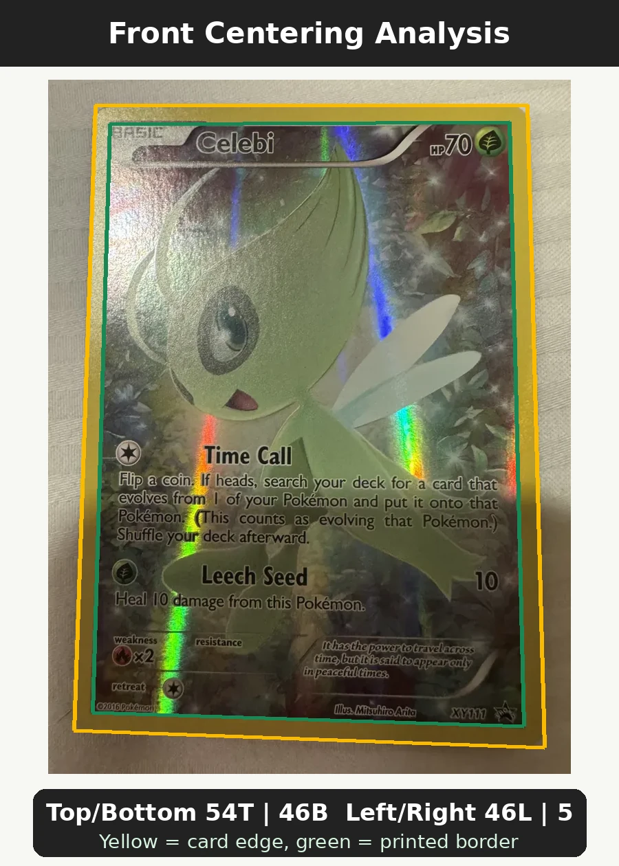 Celebi XY111/211 XY Black Star Promos front centering analysis showing Top/Bottom 54T | 46B and Left/Right 46L | 54R.