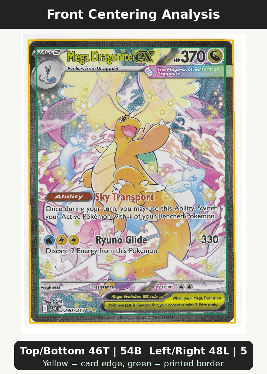 Mega Dragonite ex 290/217 Ascended Heroes front centering analysis showing Top/Bottom 46T | 54B and Left/Right 48L | 52R.