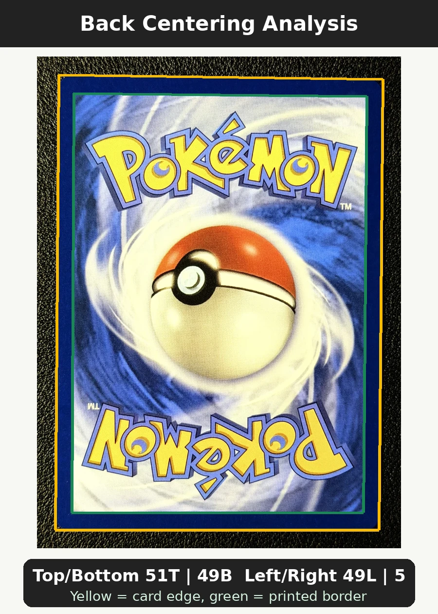Pikachu ex 150/128 30th Celebration back centering analysis showing Top/Bottom 51T | 49B and Left/Right 49L | 51R.