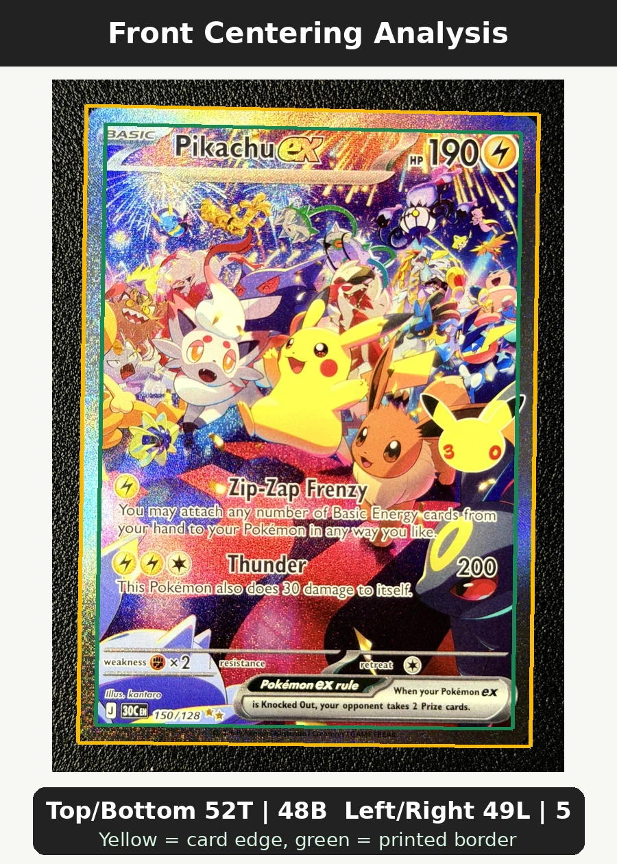 Pikachu ex 150/128 30th Celebration front centering analysis showing Top/Bottom 52T | 48B and Left/Right 49L | 51R.