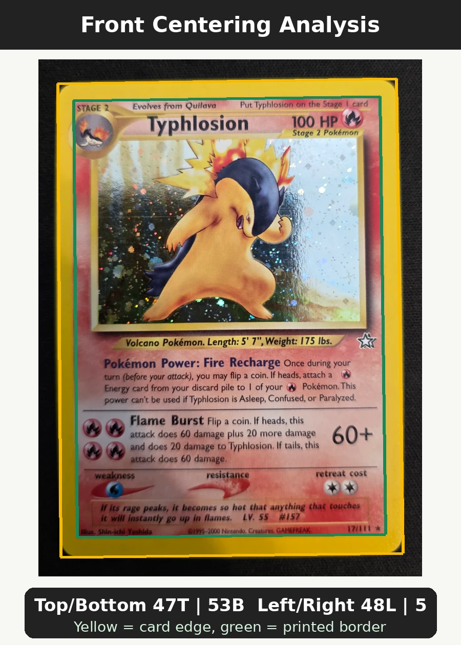 Typhlosion 017/111 Neo Genesis front centering analysis showing Top/Bottom 47T | 53B and Left/Right 48L | 52R.