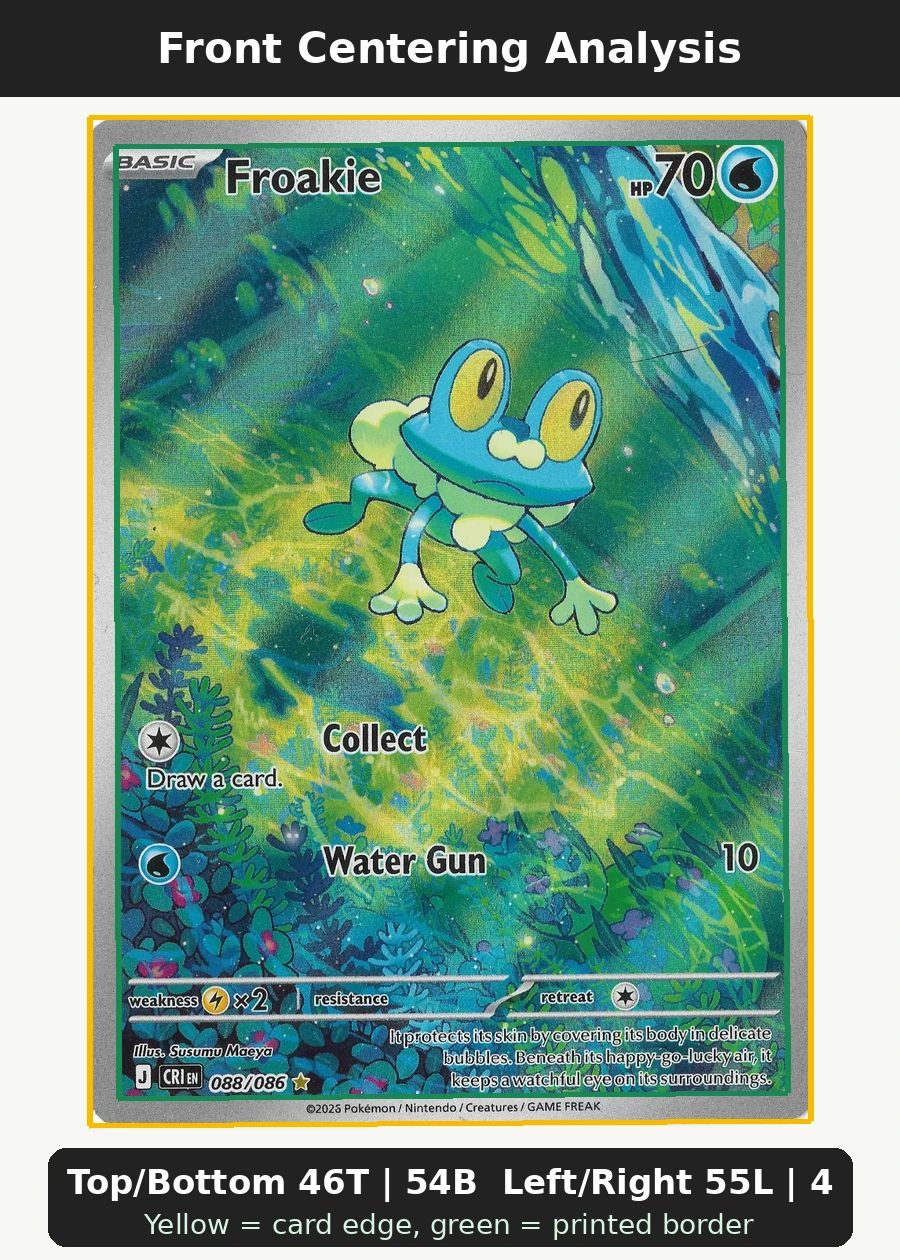 Froakie 088/86 Chaos Rising front centering analysis showing Top/Bottom 46T | 54B and Left/Right 55L | 45R.