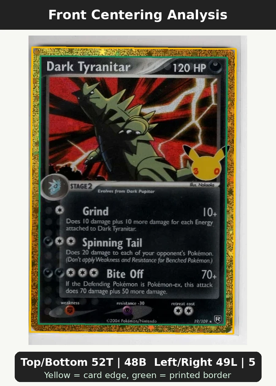Dark Tyranitar 019 30th Classic Collection front centering analysis showing Top/Bottom 52T | 48B and Left/Right 49L | 51R.