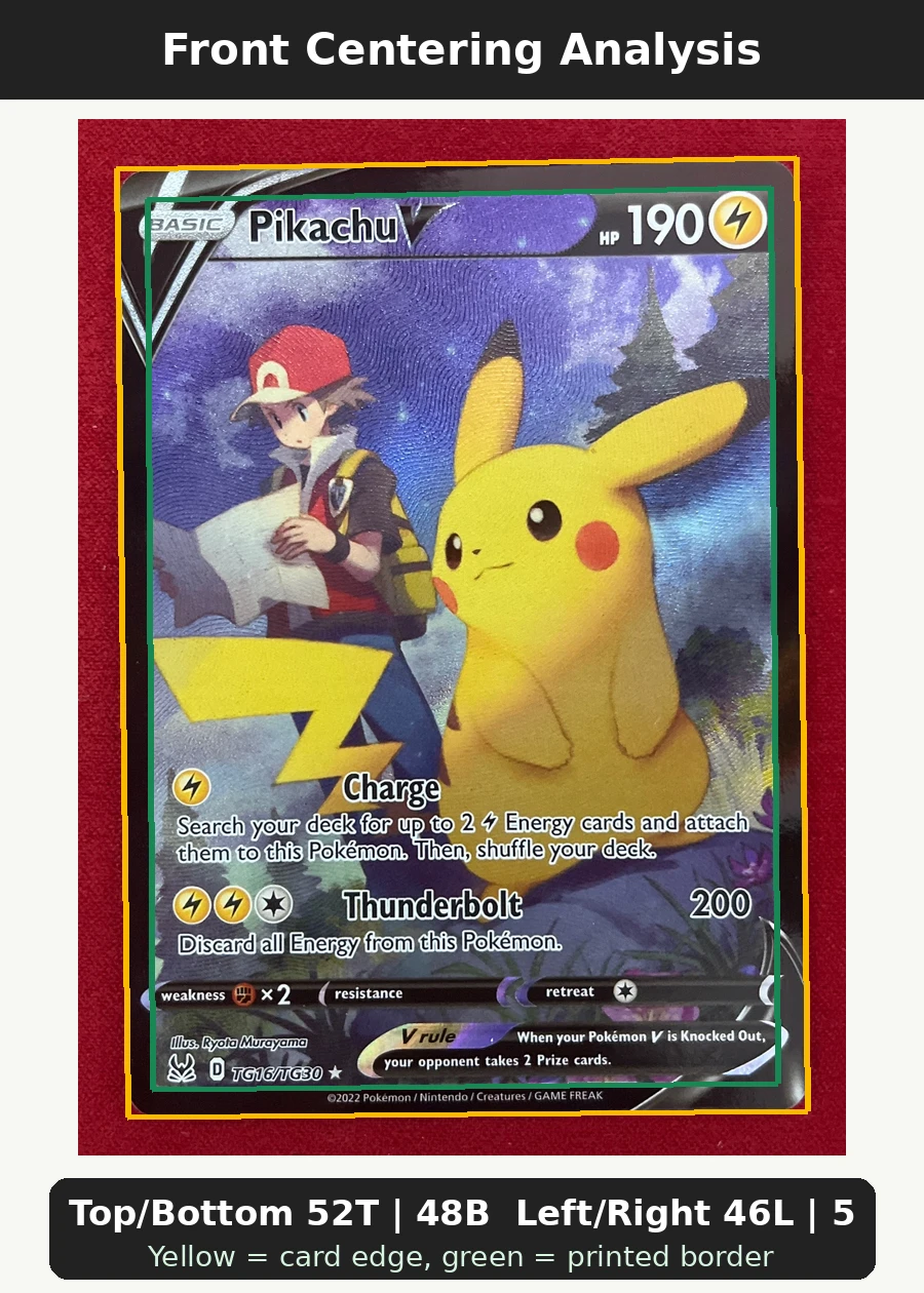 Pikachu V TG16/196 Lost Origin front centering analysis showing Top/Bottom 52T | 48B and Left/Right 46L | 54R.