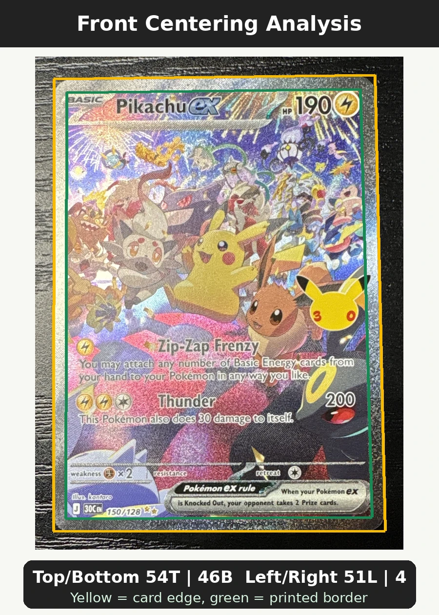 Pikachu ex 150/128 30th Celebration front centering analysis showing Top/Bottom 54T | 46B and Left/Right 51L | 49R.