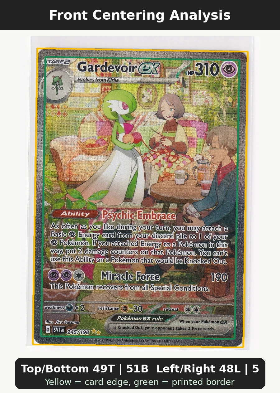Gardevoir ex 245/198 Scarlet & Violet front centering analysis showing Top/Bottom 49T | 51B and Left/Right 48L | 52R.