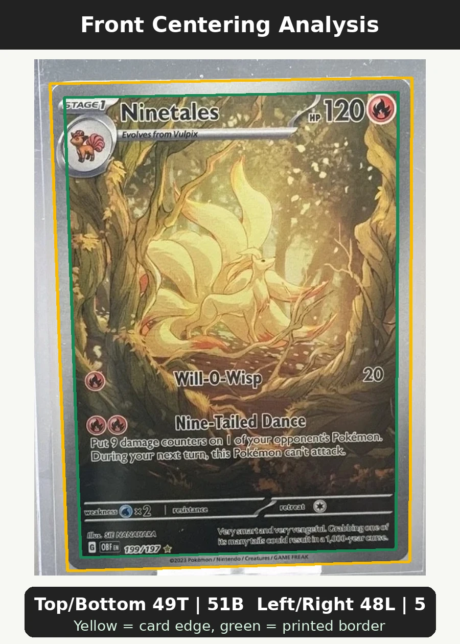Ninetales 199/197 Obsidian Flames front centering analysis showing Top/Bottom 49T | 51B and Left/Right 48L | 52R.