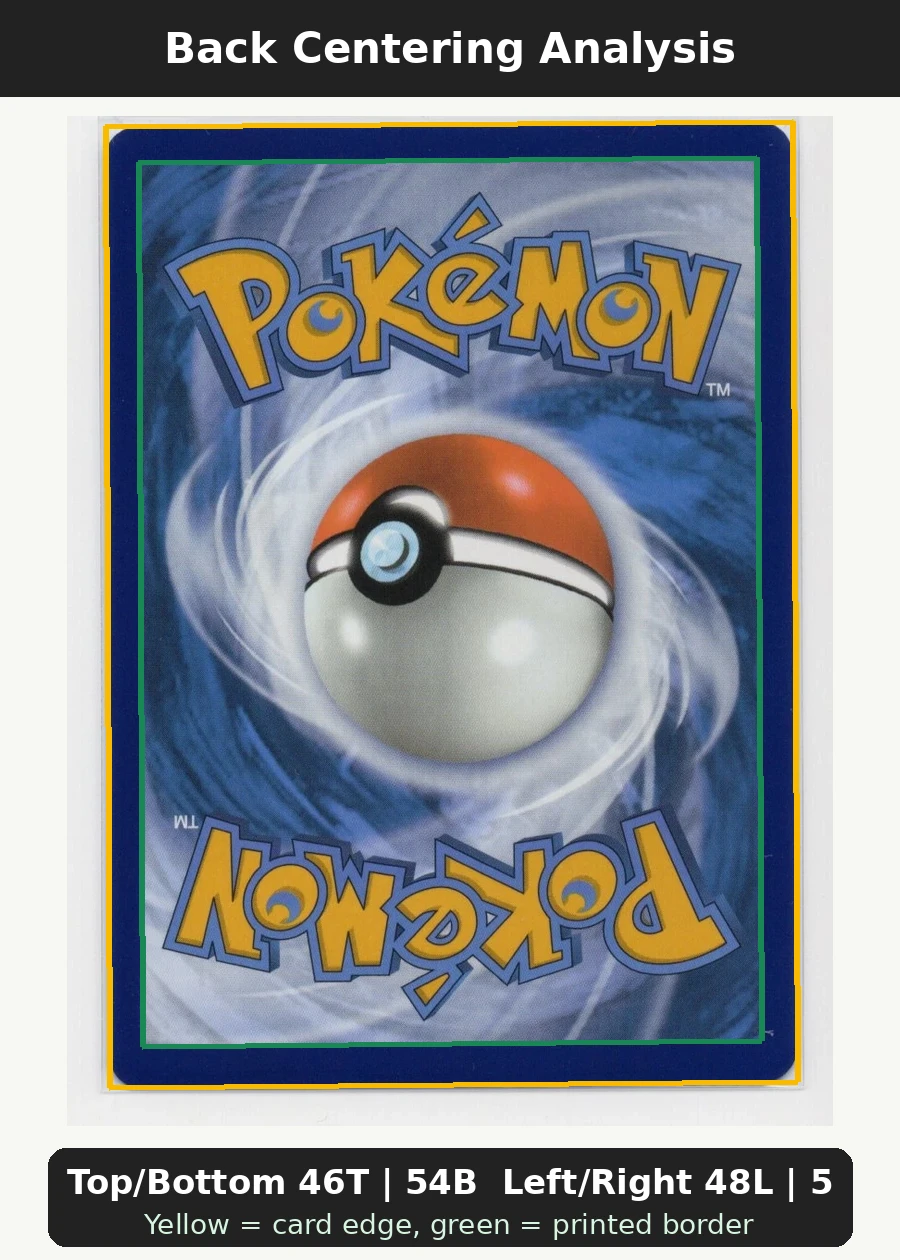 Team Rocket's Wobbuffet 203/225 SVP Black Star Promos back centering analysis showing Top/Bottom 46T | 54B and Left/Right 48L | 52R.