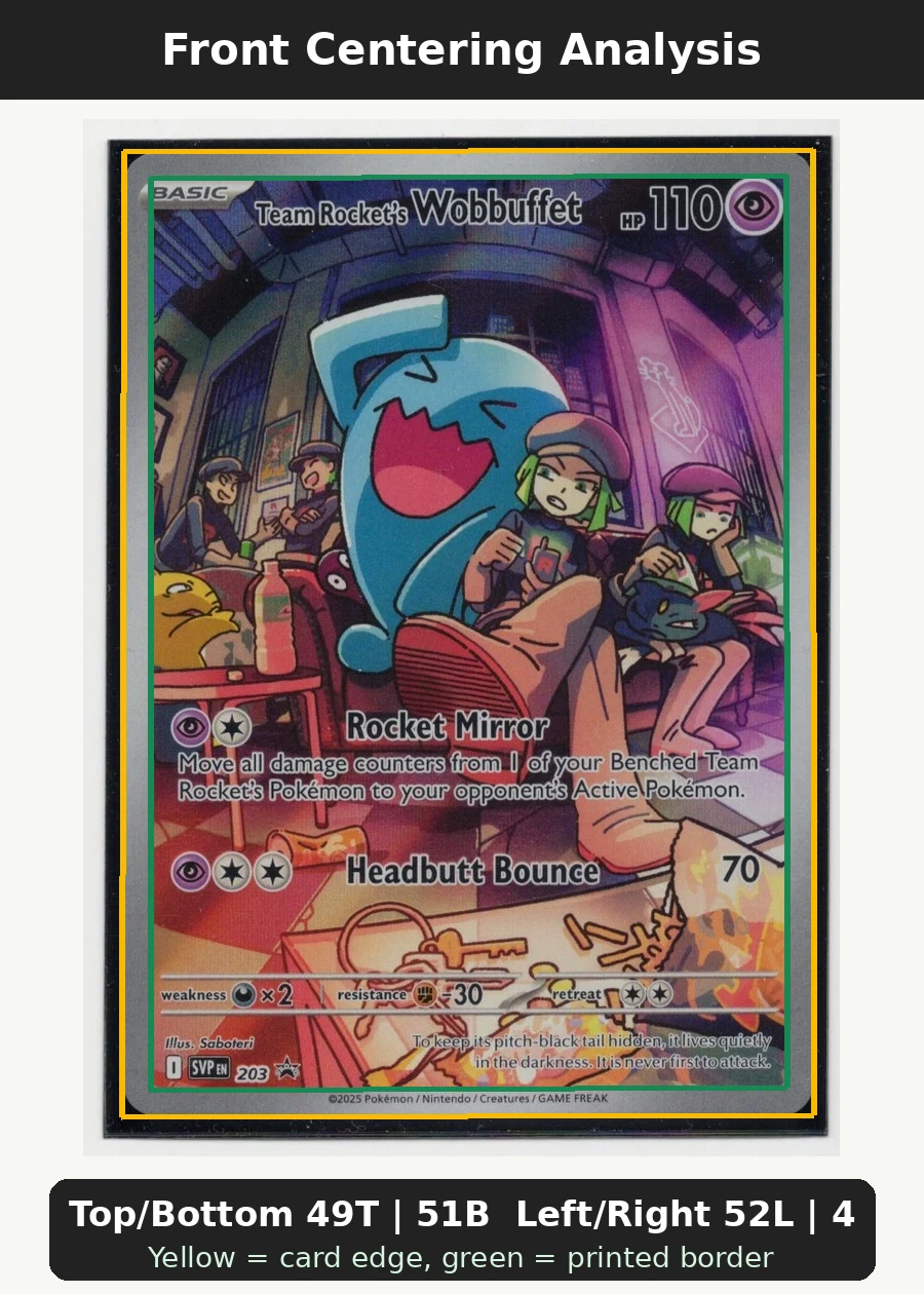 Team Rocket's Wobbuffet 203/225 SVP Black Star Promos front centering analysis showing Top/Bottom 49T | 51B and Left/Right 52L | 48R.