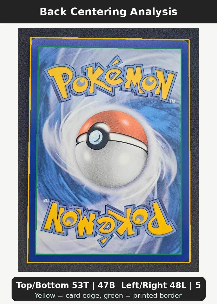 Charizard 004 30th Classic Collection back centering analysis showing Top/Bottom 53T | 47B and Left/Right 48L | 52R.