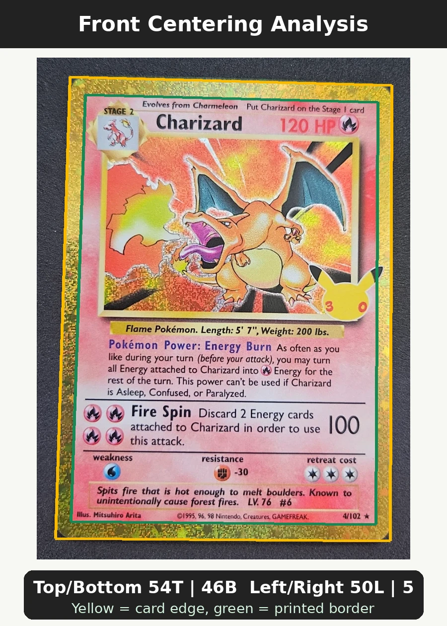 Charizard 004 30th Classic Collection front centering analysis showing Top/Bottom 54T | 46B and Left/Right 50L | 50R.