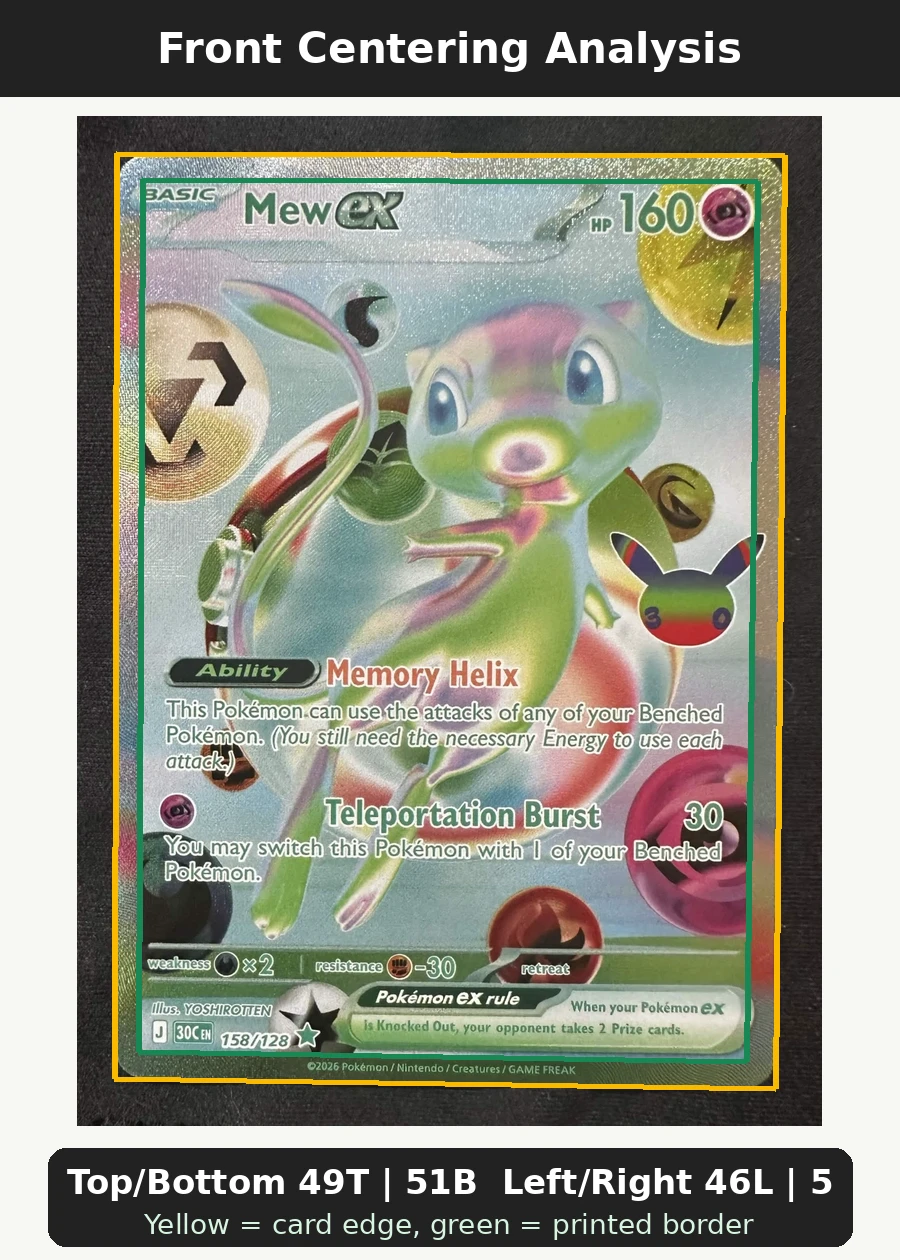 Mew ex 158/128 30th Celebration front centering analysis showing Top/Bottom 49T | 51B and Left/Right 46L | 54R.
