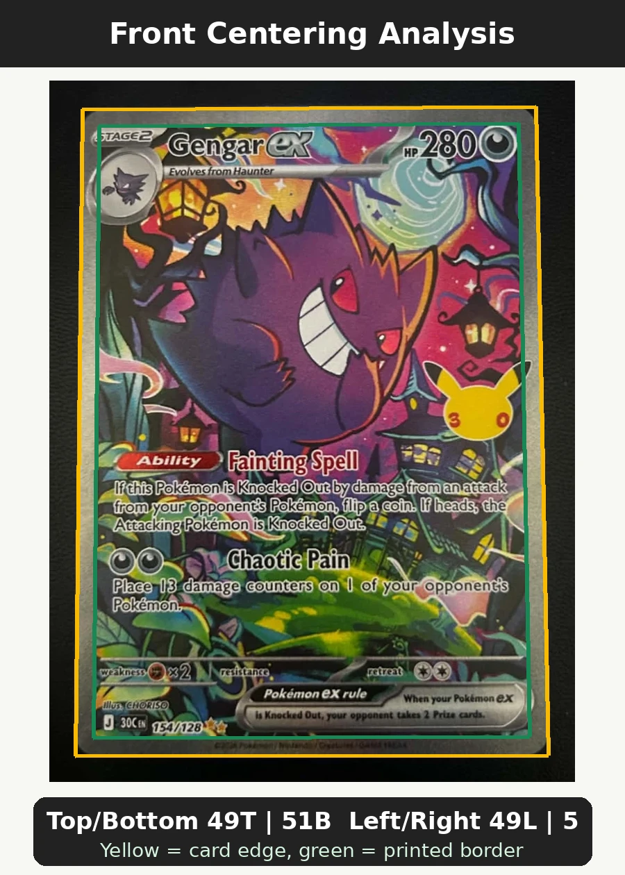 Gengar ex 154/128 30th Celebration front centering analysis showing Top/Bottom 49T | 51B and Left/Right 49L | 51R.
