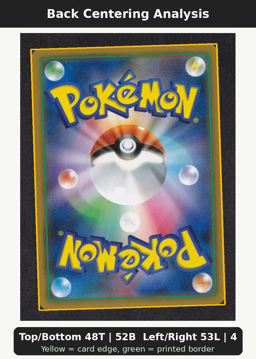Pikachu & Zekrom GX 031/95 Tag Bolt back centering analysis showing Top/Bottom 48T | 52B and Left/Right 53L | 47R.