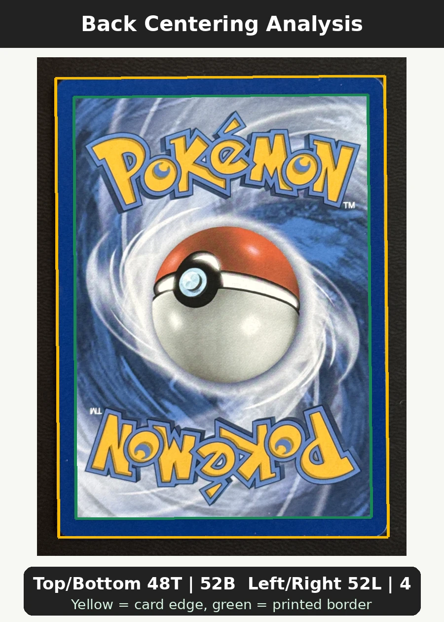 Snorlax XY179/211 XY Black Star Promos back centering analysis showing Top/Bottom 48T | 52B and Left/Right 52L | 48R.