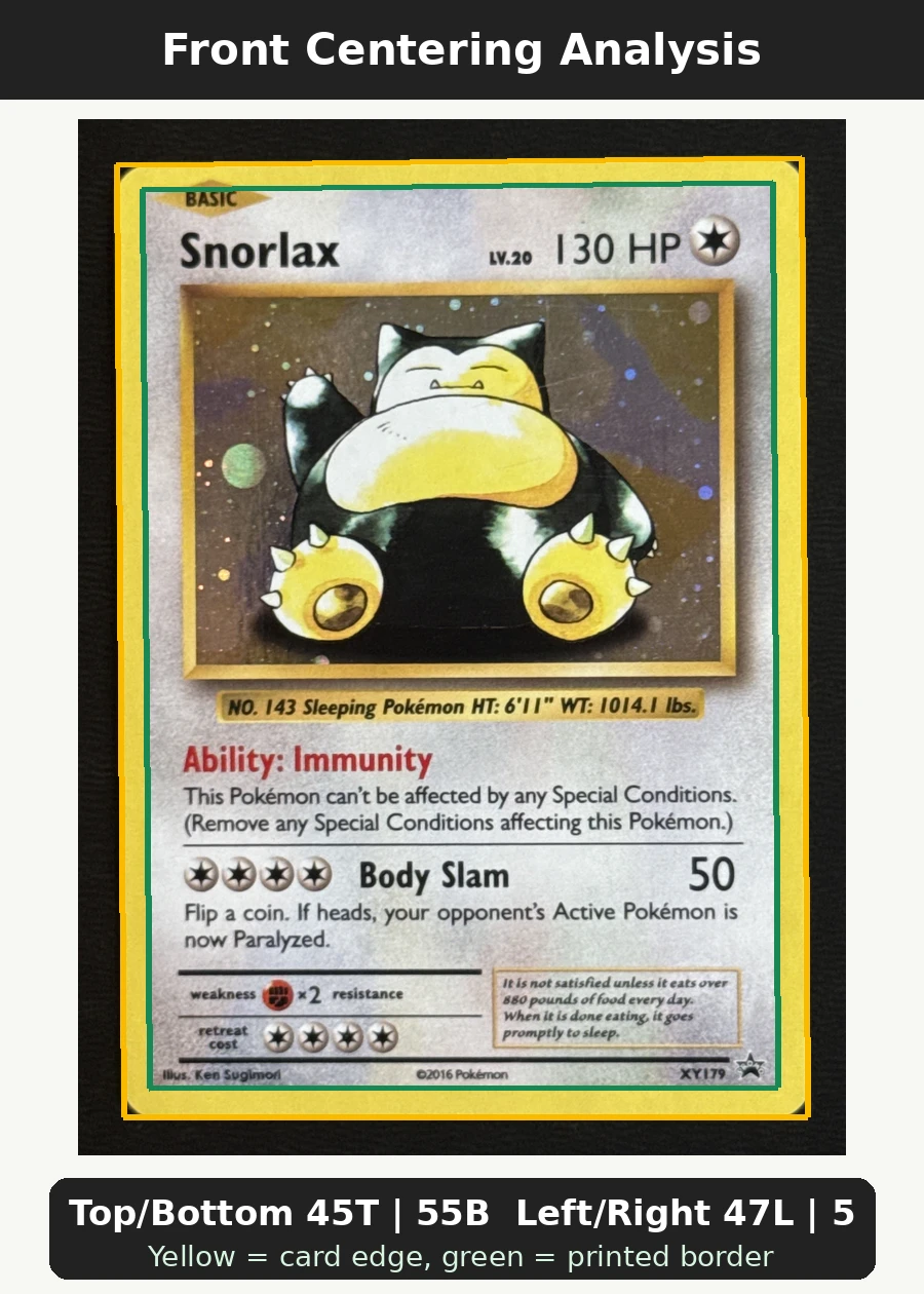 Snorlax XY179/211 XY Black Star Promos front centering analysis showing Top/Bottom 45T | 55B and Left/Right 47L | 53R.