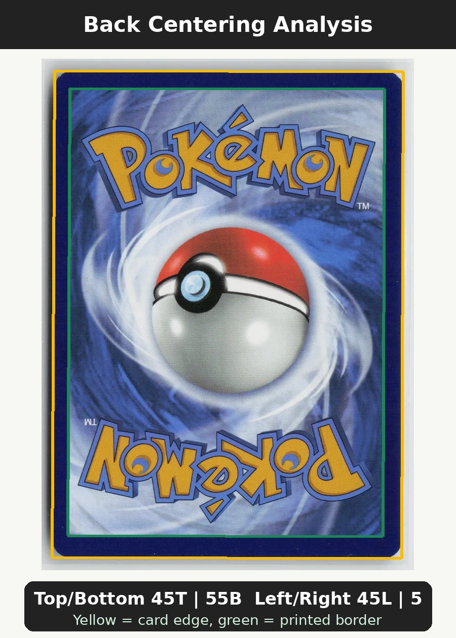 Misty's Psyduck 045/182 · Reverse Holo Destined Rivals back centering analysis showing Top/Bottom 45T | 55B and Left/Right 45L | 55R.