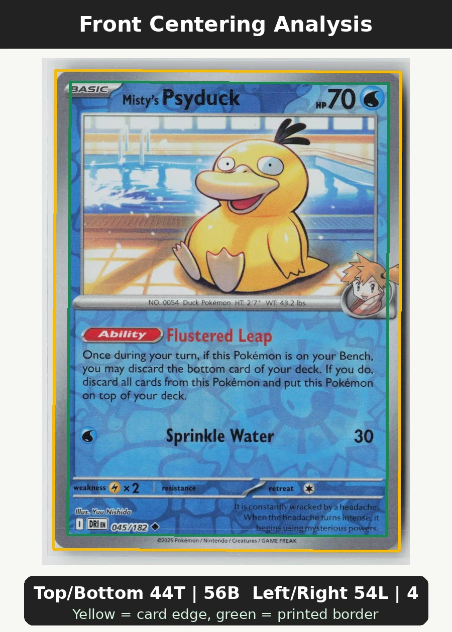 Misty's Psyduck 045/182 · Reverse Holo Destined Rivals front centering analysis showing Top/Bottom 44T | 56B and Left/Right 54L | 46R.