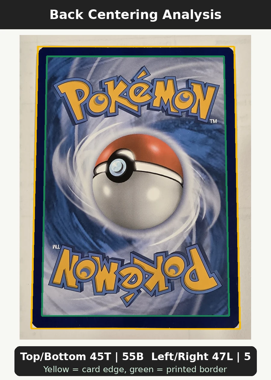 Pikachu SM206/248 SM Black Star Promos back centering analysis showing Top/Bottom 45T | 55B and Left/Right 47L | 53R.