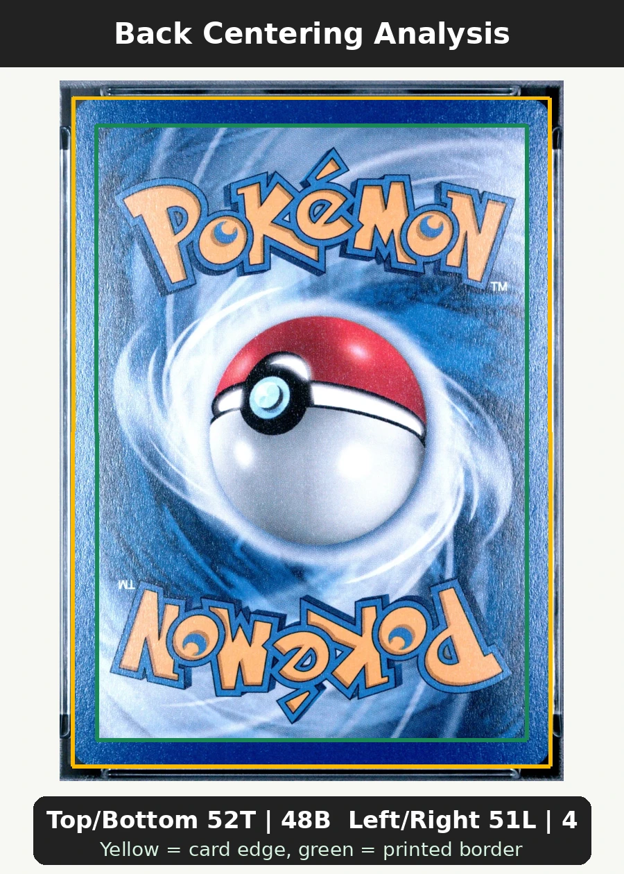 Brock's Rhydon 002/132 Gym Heroes back centering analysis showing Top/Bottom 52T | 48B and Left/Right 51L | 49R.