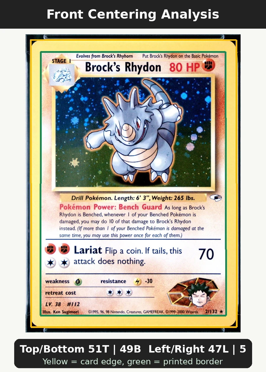 Brock's Rhydon 002/132 Gym Heroes front centering analysis showing Top/Bottom 51T | 49B and Left/Right 47L | 53R.