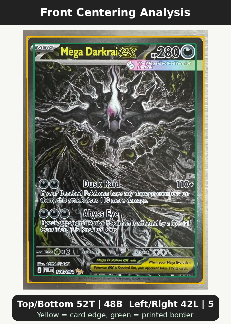 Mega Darkrai ex 116/84 Pitch Black front centering analysis showing Top/Bottom 52T | 48B and Left/Right 42L | 58R.