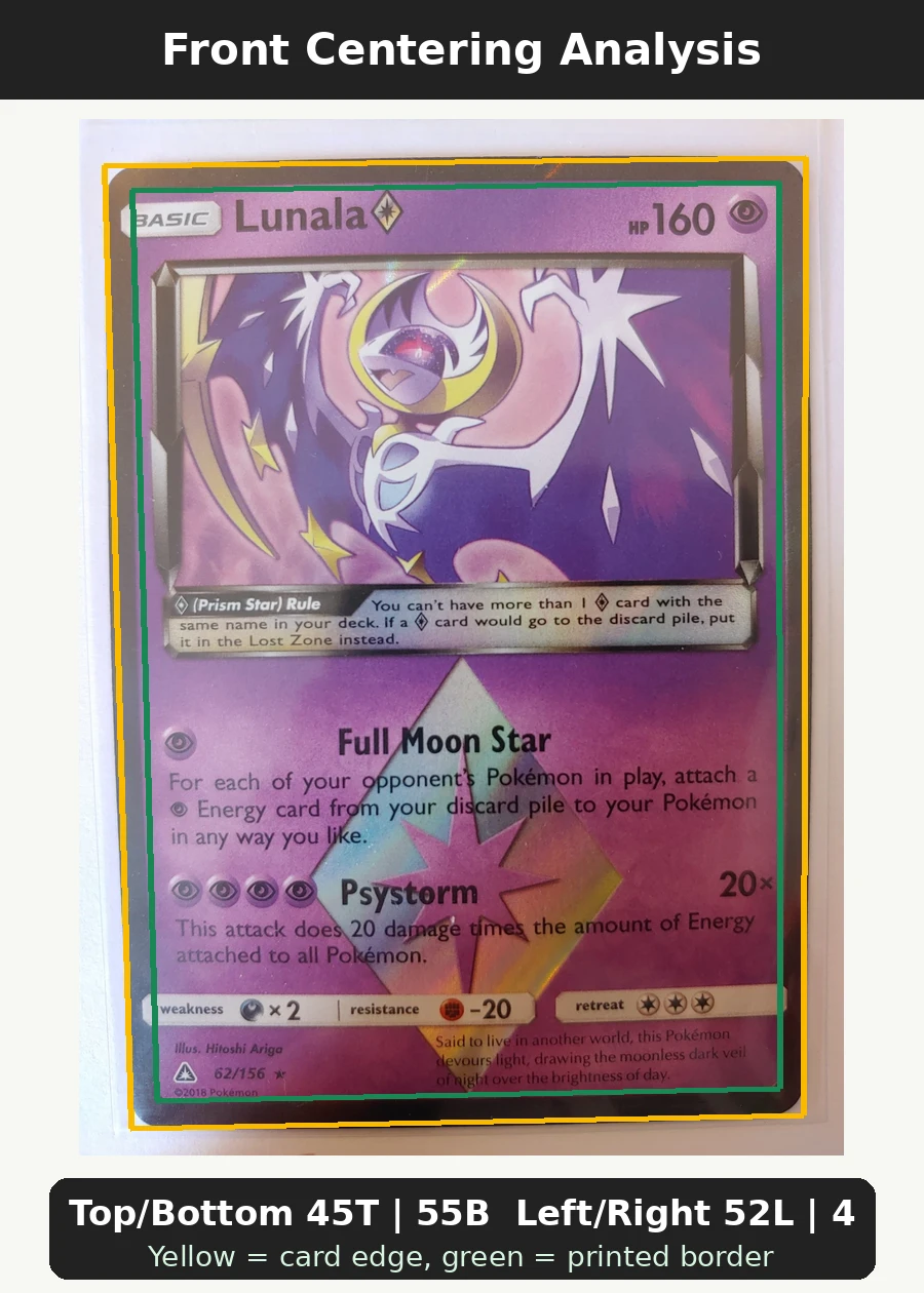 Lunala ◇ 062/156 Ultra Prism front centering analysis showing Top/Bottom 45T | 55B and Left/Right 52L | 48R.