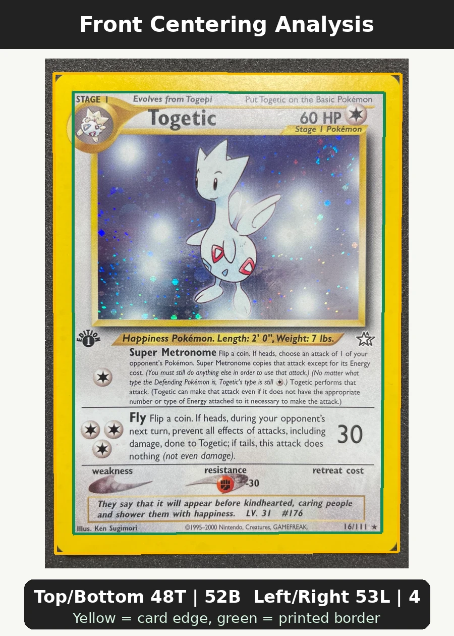 Togetic 016/111 Neo Genesis front centering analysis showing Top/Bottom 48T | 52B and Left/Right 53L | 47R.