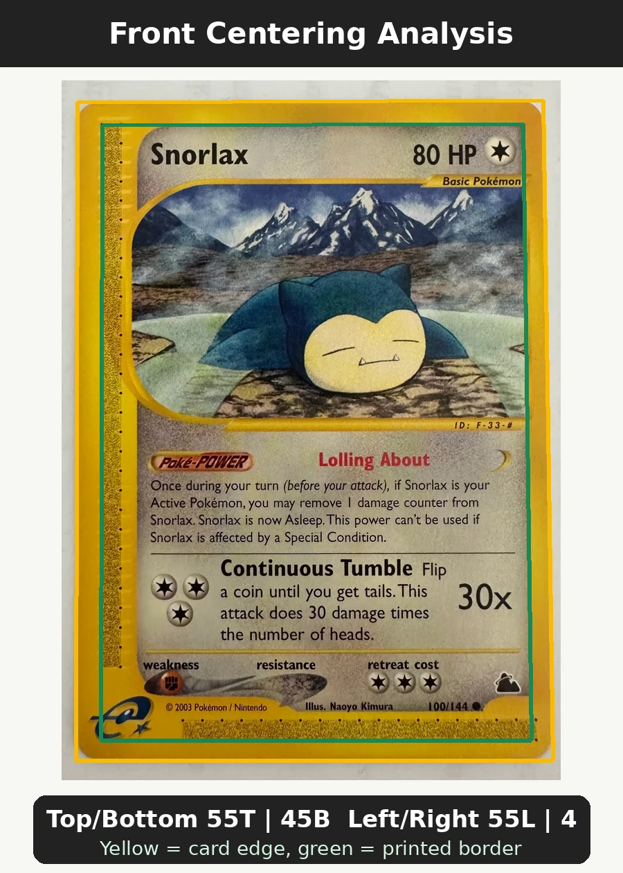 Snorlax 100/144 Skyridge front centering analysis showing Top/Bottom 55T | 45B and Left/Right 55L | 45R.