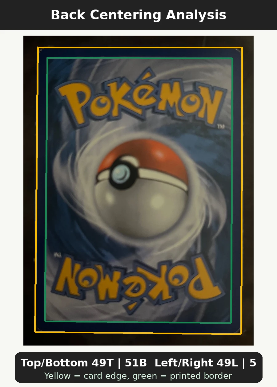 Charizard 001/99 Arceus back centering analysis showing Top/Bottom 49T | 51B and Left/Right 49L | 51R.